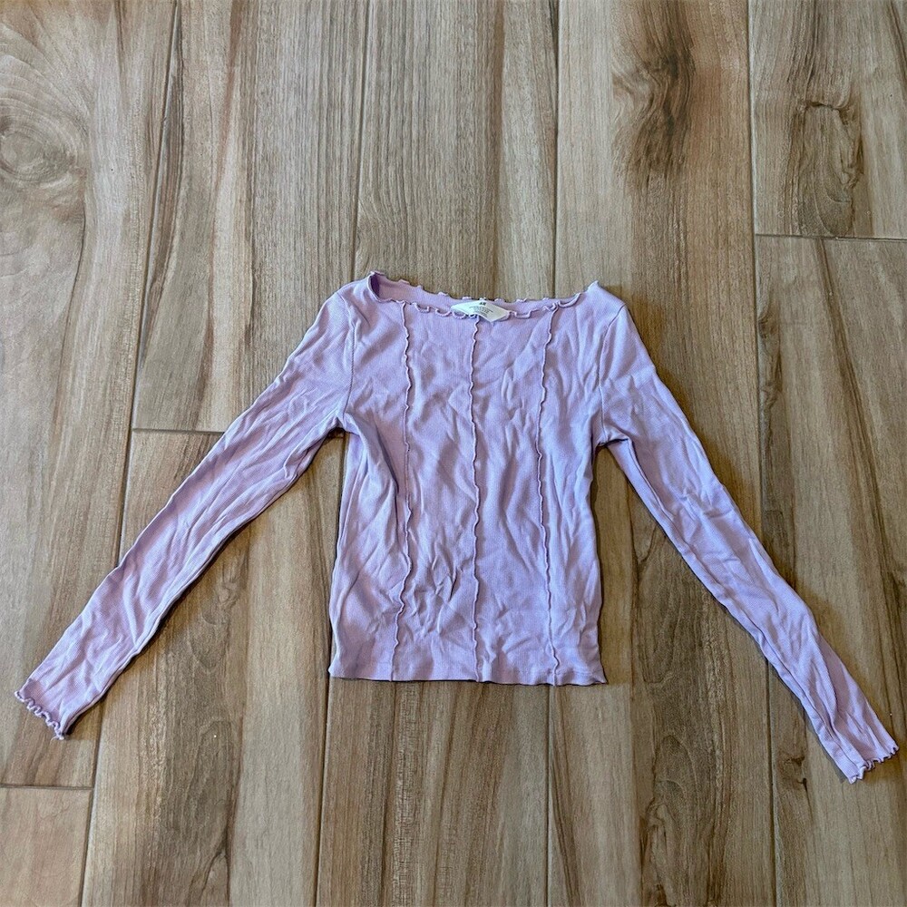 H&M Girls Ribbed Long Sleeve Top Purple Lettuce Edge Exposed Seams 12/14